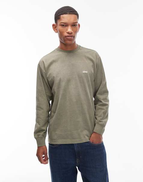Obey – Lowercase – Langärmliges, pigmentgefärbtes T-Shirt in Khaki - view 1