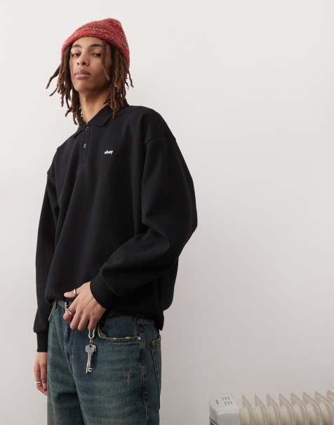 Obey lowercase logo fleece polo in black - view 1