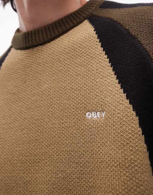 Obey - Maglione lavorato marrone e beige con maniche raglan, 5 di 5