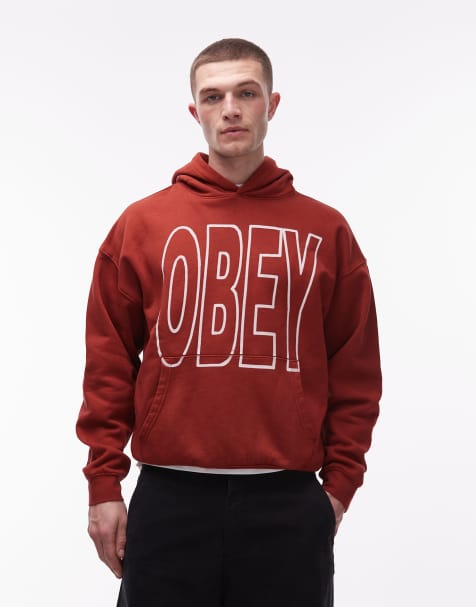 OBEY manor faded boxy pullover hoodie in dark red - view 1