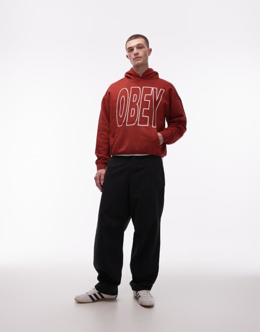 Obey manor faded boxy pullover hoodie in dark red, 2 of 5