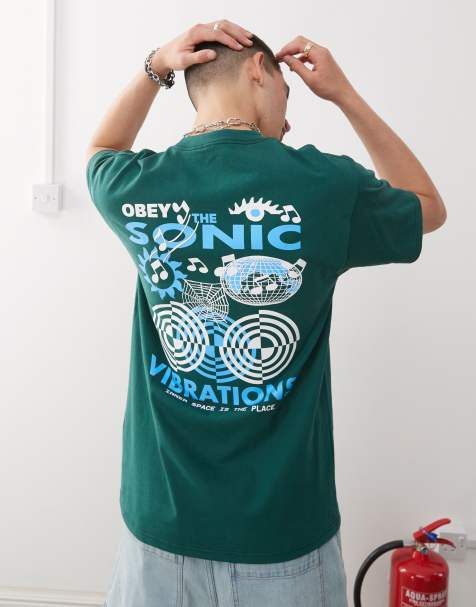 Obey - Mørkegrøn T-shirt med 'sonic vibrations'-logografik og print på ryggen - view 1