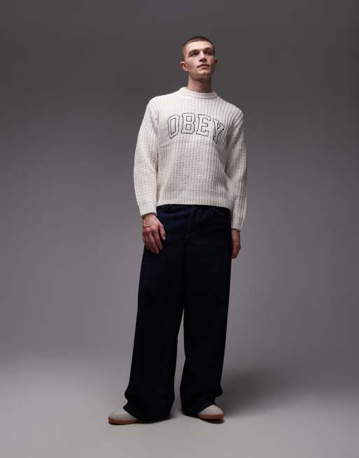 Obey – Naturvit, stickad tröja i collegestil, 2 av 5