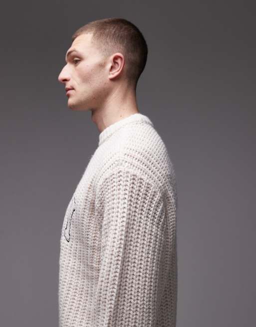 Obey – Naturvit, stickad tröja i collegestil, 4 av 5