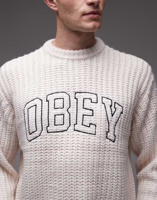 Obey – Naturvit, stickad tröja i collegestil, 5 av 5