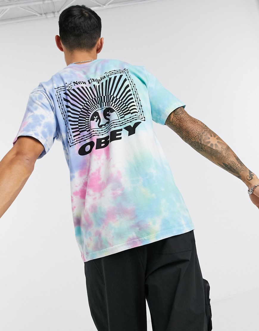 Obey – New Utopia – Batikfärgad t-shirt med tryck baktill-Flerfärgad