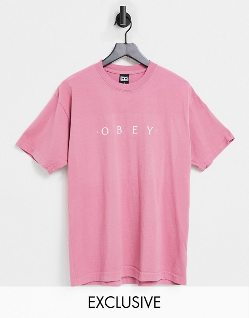 Obey novel heavyweight chest logo t-shirt in pink exclusive at ASOS