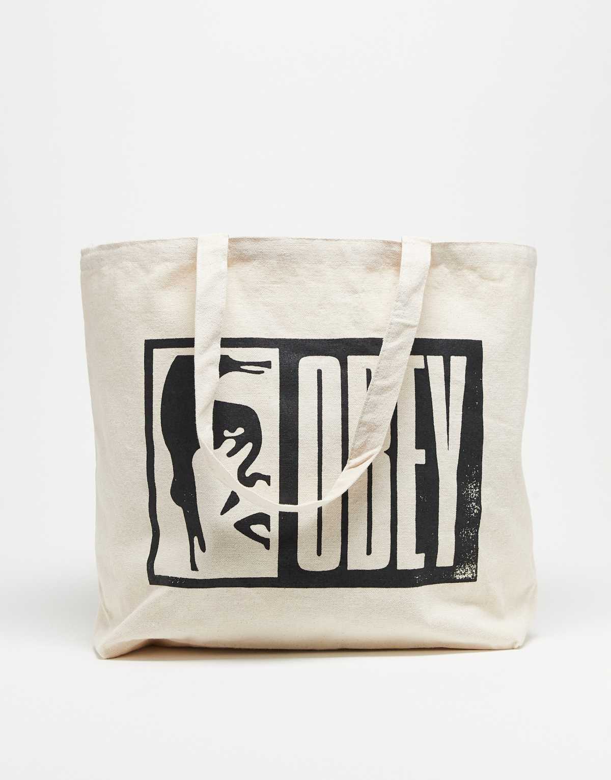 Obey obey half icon logo graphic tote bag in off white