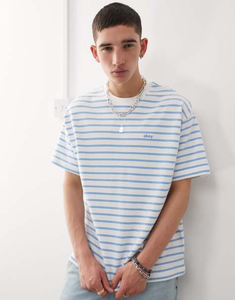 Obey Observe relaxed logo t-shirt in white and blue stripe - view 1