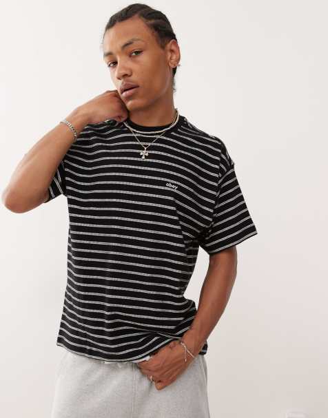 Obey - Observe - T-shirt comoda nera e bianca a righe con logo - view 1
