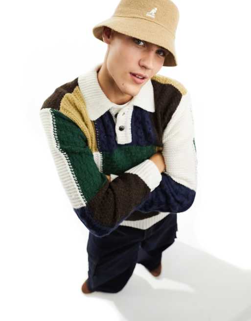 Obey – Oliver – Kolorowy sweter w patchworkowy wzór z guzikami pod szyją