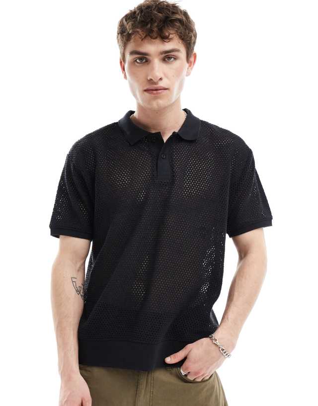 Obey - open stitch knitted polo in black