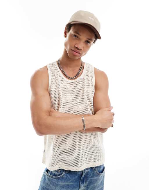 Obey open stitch knitted singlet in off white