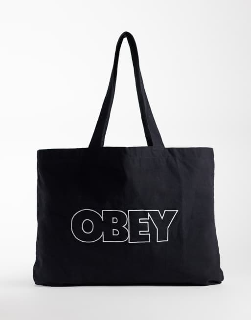 Obey outline logo canvas tote bag in black, 2 of 4