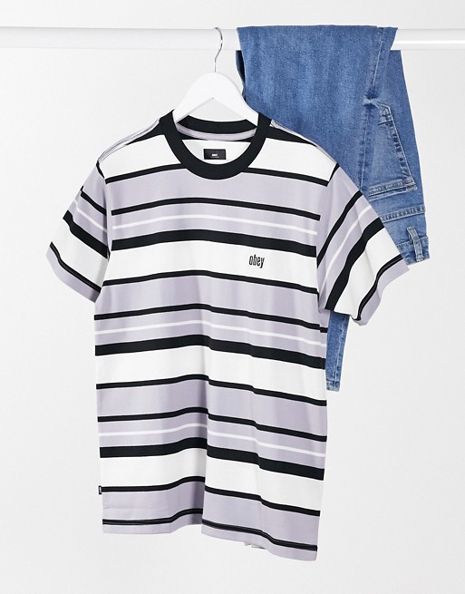 Obey oversized grey tonal stripe t-shirt with small logo
