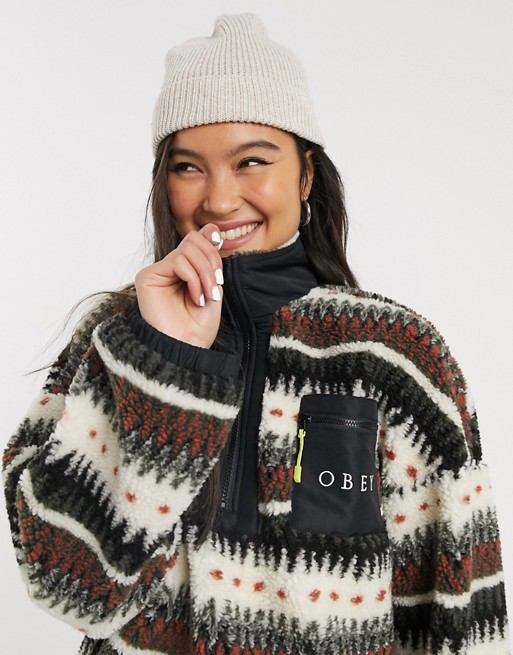 Obey oversized half zip fleece with front logo pocket in graphic stripe