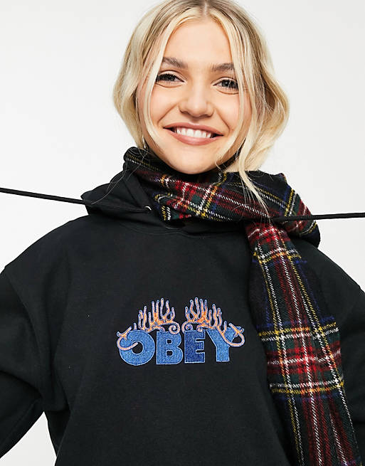 Women Obey oversized hoodie with flames logo 