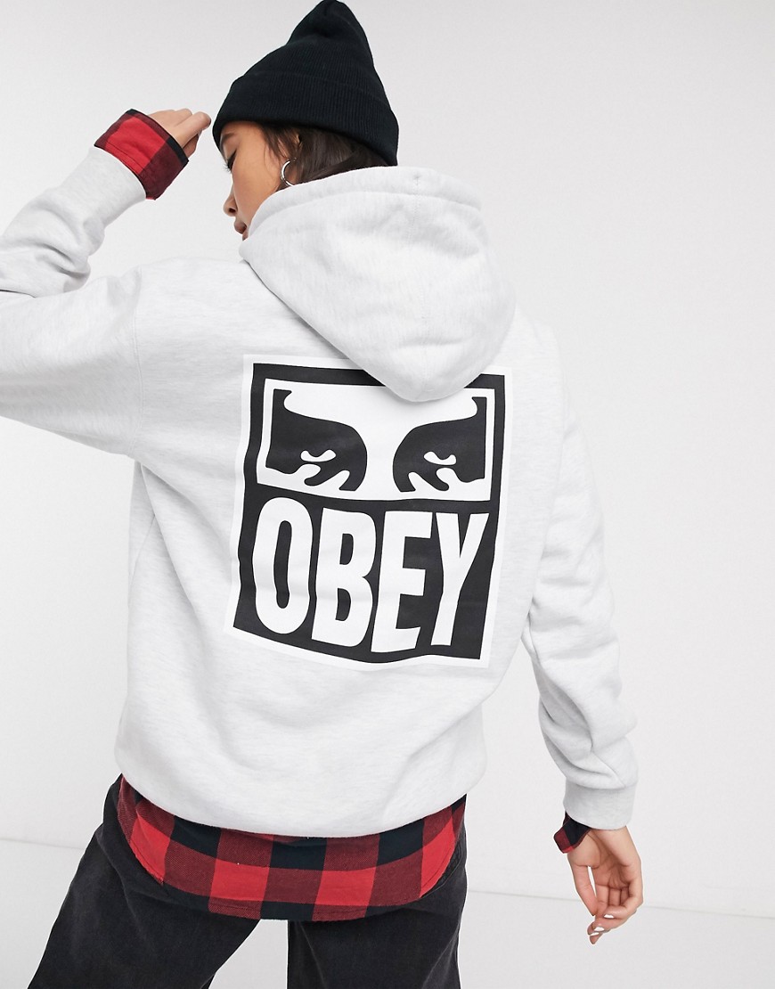 Obey oversized hoodie with front box logo and back print-Grey