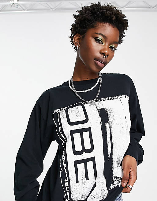  Obey oversized long sleeve t-shirt with back and front print 