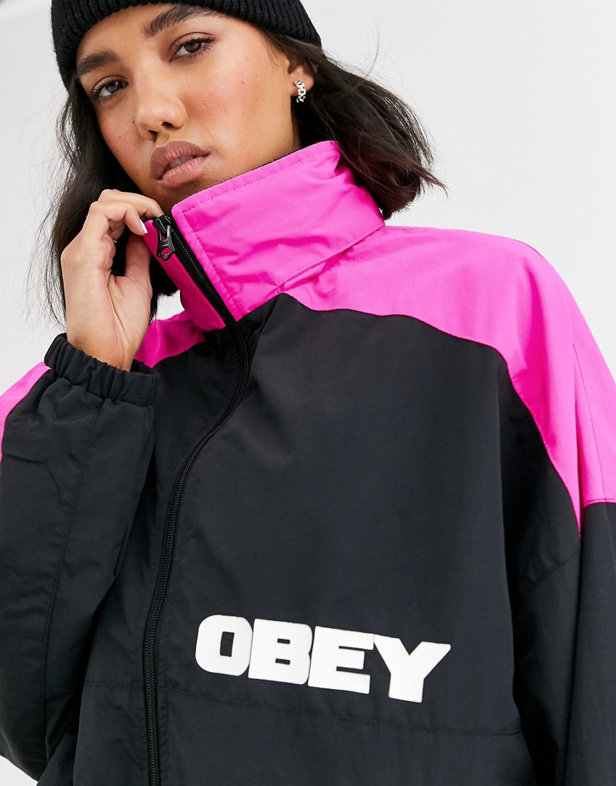 Obey oversized retro jacket with neon colour block and back logo-Black