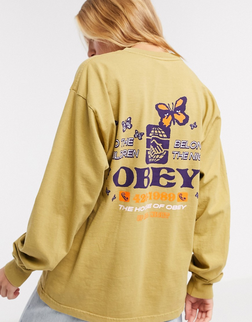 Obey - Oversized T-shirt met lange mouwen en print op de mouwen en achterkant-Bruin