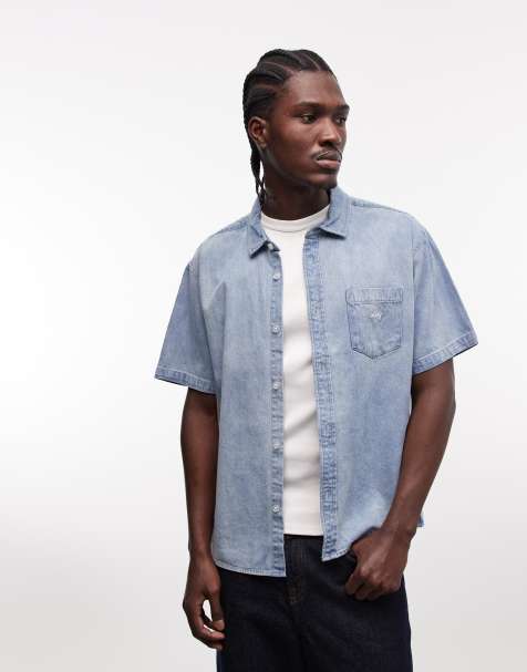 Obey - Owens - Denim overhemd met korte mouwen in gebleekt indigo - view 1