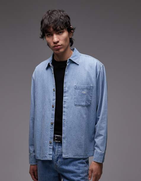 Obey pablo denim oversized long sleeve shirt in lightwash blue - view 1