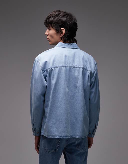 OBEY Pablo denim oversized long sleeve shirt in lightwash blue, 3 of 5