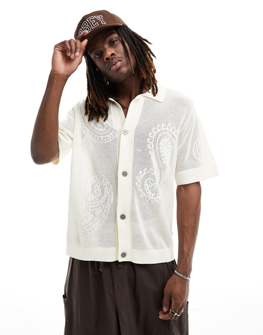 Obey paisley crochet knitted shirt in cream-White