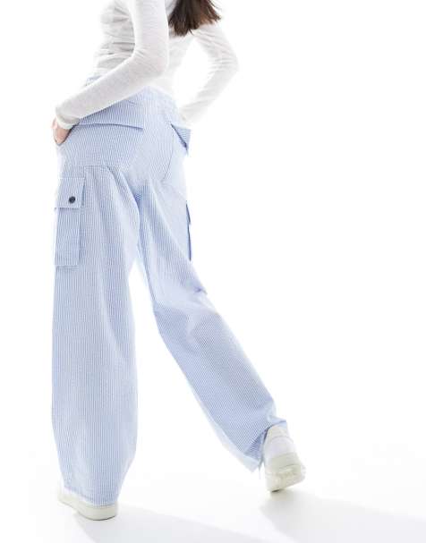 Obey - Pantaloni cargo in cotone seersucker blu a righe - view 1