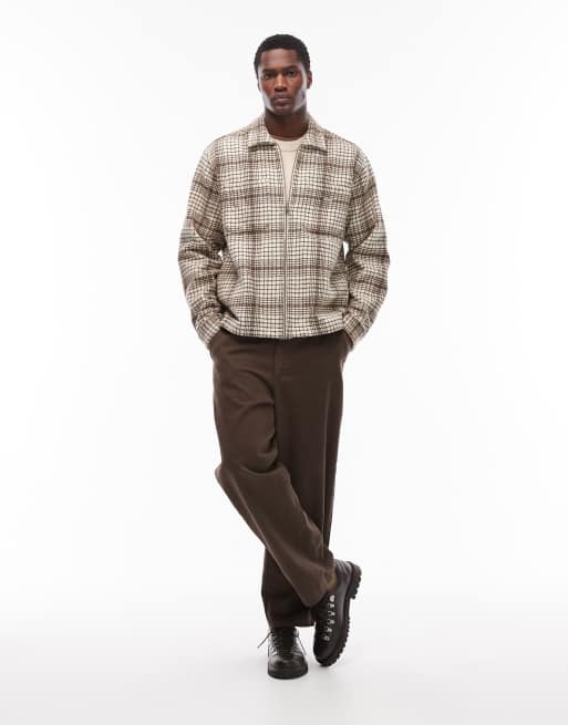 Obey parker flannel zip up shirt jacket in beige | ASOS
