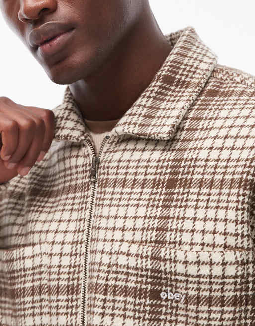 Obey parker flannel zip up shirt jacket in beige | ASOS