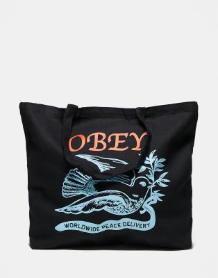 Obey Obey peace delivery dove graphic tote bag in black