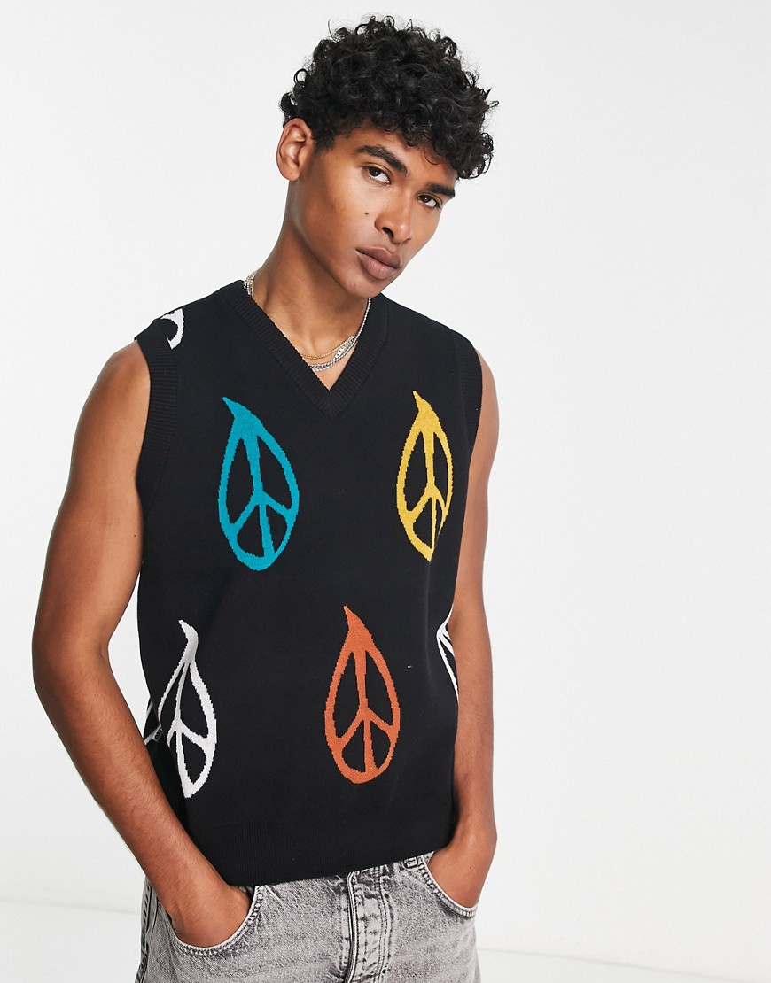 Obey peaced knitted vest in black with multicolour peace signs