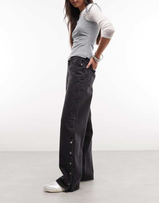 Obey penelope side snap button up denim jeans in faded black, 2 of 5
