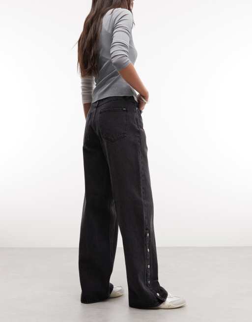 Obey penelope side snap button up denim jeans in faded black, 3 of 5