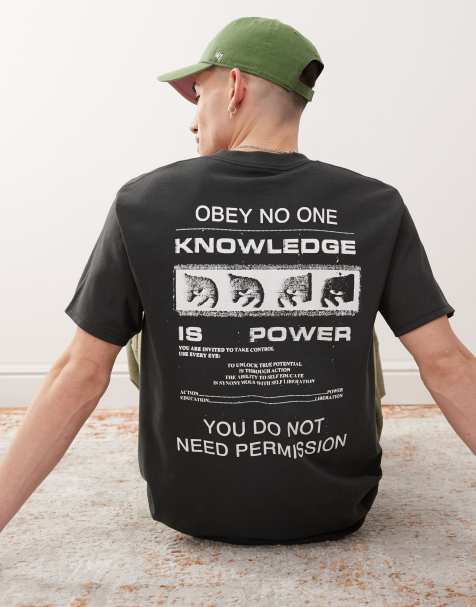 Obey permission graphic logo t-shirt with back print in vintage black