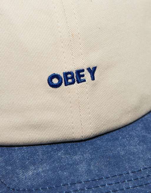 Obey pigment 2 tone bold 6 panel strapback logo cap in off white, 2 of 3