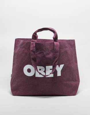 Obey pigment dyed tote bag in burgundy-Red