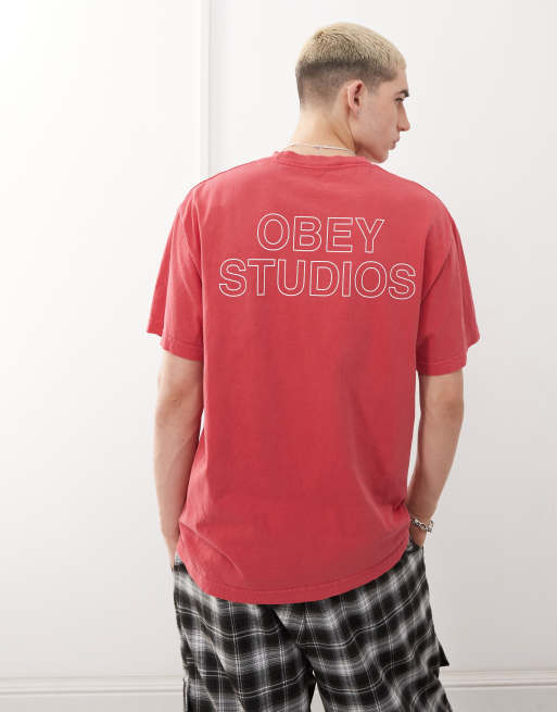 Obey - Pigment-hindbærrød T-shirt med 'studios'-logografik og print på ryggen, 3 af 4