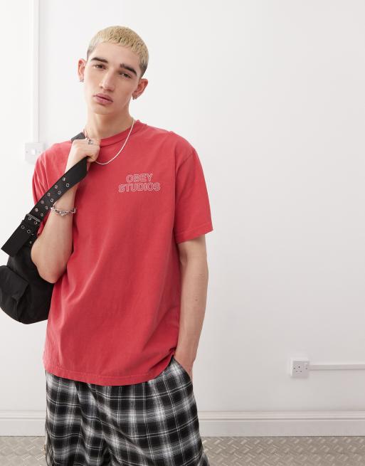 Obey - Pigment-hindbærrød T-shirt med 'studios'-logografik og print på ryggen, 4 af 4