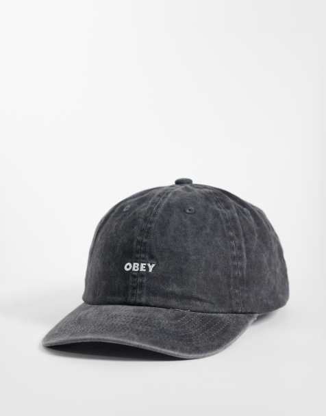 Obey pigment logo 6 panel strapback cap in washed black - view 1
