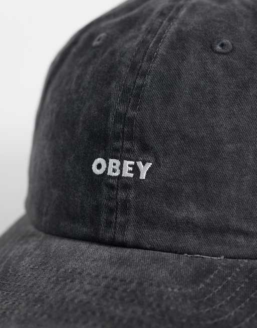 Obey pigment logo 6 panel strapback cap in washed black, 2 of 3