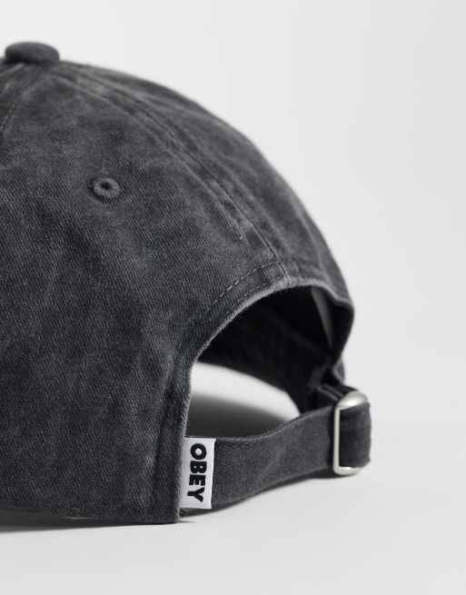 Obey pigment logo 6 panel strapback cap in washed black, 3 of 3