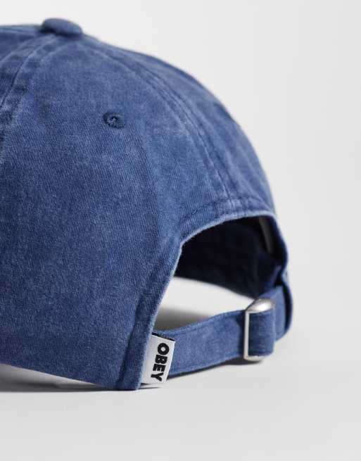 Obey pigment outline logo delta 6 panel strapback cap in washed navy, 3 of 3