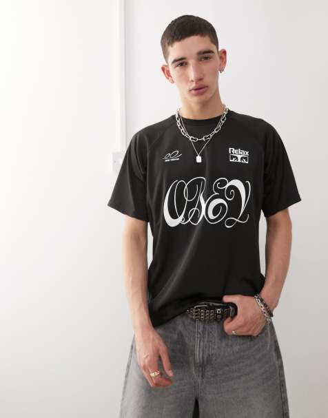 Obey plaza active graphic logo jersey football top in black