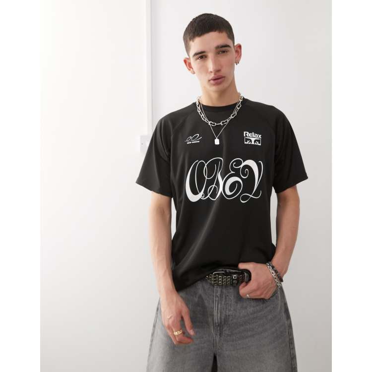 Obey Plaza active graphic logo jersey football top in black