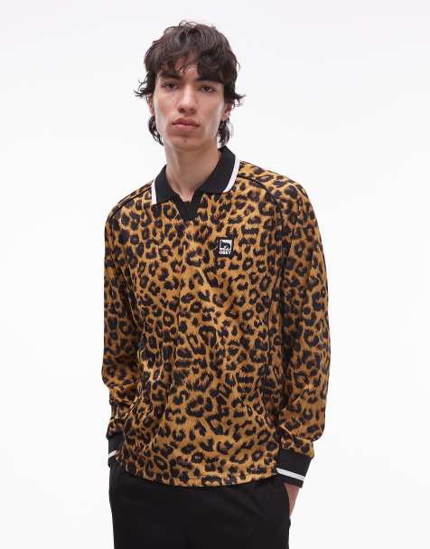 Obey polo long sleeve jersey in all over leopard print - view 1