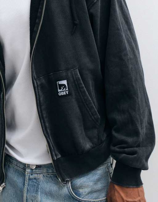 Obey post zip through hoodie in dusty black, 3 of 5