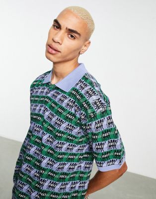 Obey praise jacquard knitted polo in multi with all over print